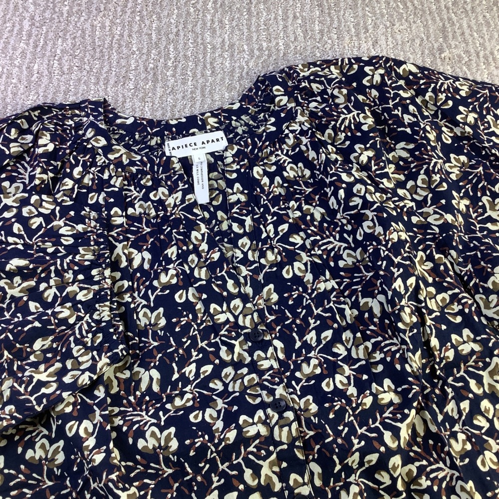 Apiece Apart NY Mitte Top Mira Floral Navy Organic Cotton Blouse Size‎ S NWT